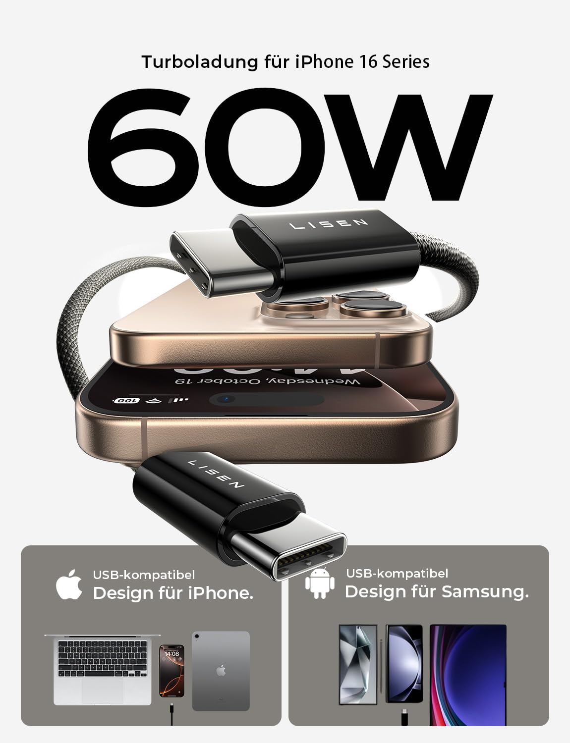 LISEN 60W USB C Kabel, [4er Pack, 0,5M 1M 1M 2M] USB C auf USB C Kabel Set, PD 3.0 Schnellladekabel USB C für iPhone 17 Pro Max Zubehör,iPhone 16 15,Switch,Samsung Galaxy S25,Pixel,MacBook,iPad,Xiaomi