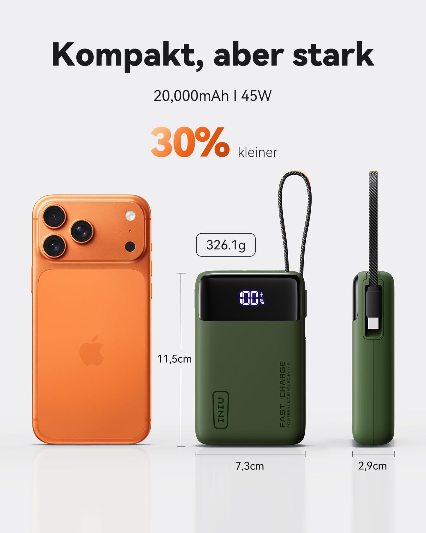 INIU 45W Power Bank, Ultra Klein 20000mAh Powerbank iPhone mit Integriertem USB-C Kabel, Schnellladen Externe Handyakkus Mini, Klein Aber Stark für iPhone 17 16 15 Pro, Samsung S22, Xiaomi, iPad etc