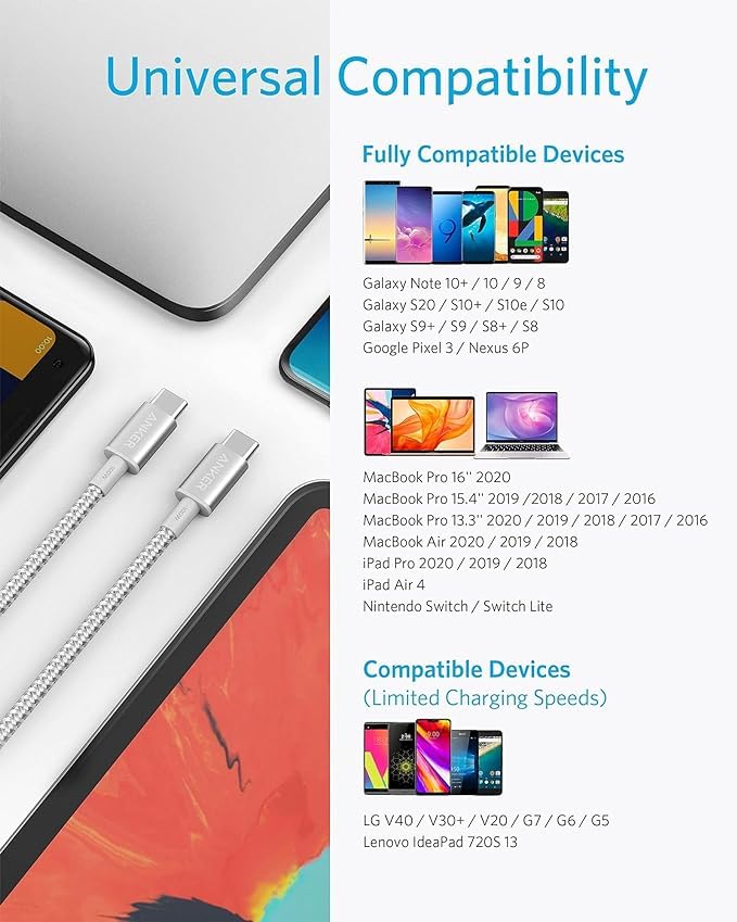 Anker Nylon USB-C to USB-C Charging Cable 2.0, 100W Type-C Charging Cable, 3m Long, Fast Charging for iPad Mini 6. Gen, MacBook Pro 2020, iPad Pro 2020, iPad Air 4, Galaxy S20 Plus S9, Pixel, Switch