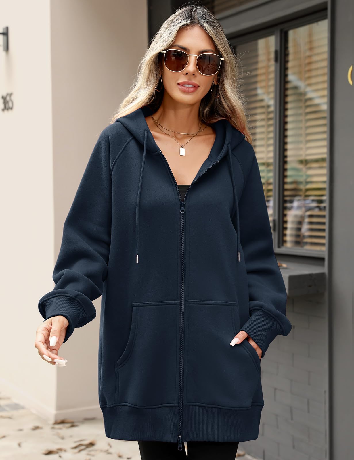 CMTOP Kapuzenpullover Damen Lang Dünne Fleece Hoodie Classics Freizeit Sweatshirt Basic Casual Sweatjacke Einfarbig Kapuzenjacke Streetwear Hoody mit Kapuze Reißverschluss Taschen