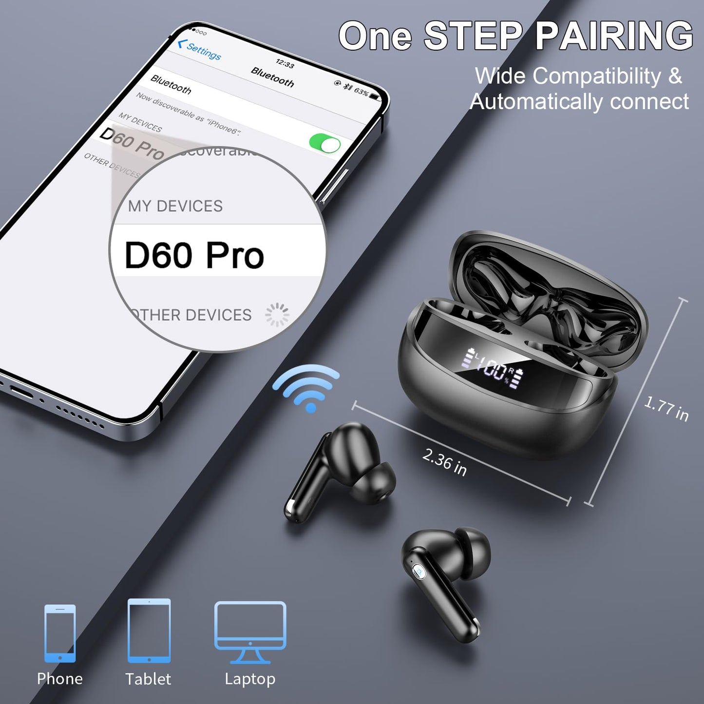 Bluetooth Kopfhörer, 2026 Kopfhörer Kabellos Bluetooth 5.4, 50 Std Spielzeit In Ear Kopfhörer HiFi Stereo mit 4 ENC Noise Cancelling Mics, IP7 Wasserdicht Kabellose Kopfhörer, Ohrhörer mit LED-Anzeige