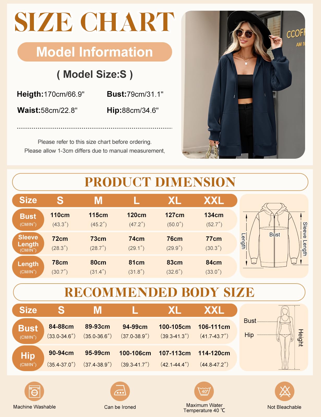 CMTOP Kapuzenpullover Damen Lang Dünne Fleece Hoodie Classics Freizeit Sweatshirt Basic Casual Sweatjacke Einfarbig Kapuzenjacke Streetwear Hoody mit Kapuze Reißverschluss Taschen