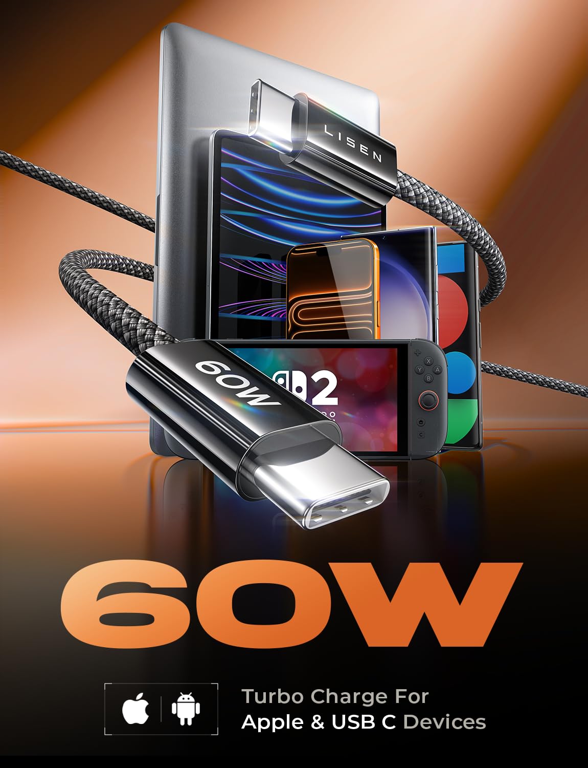 LISEN 60W USB C Kabel, [4er Pack, 0,5M 1M 1M 2M] USB C auf USB C Kabel Set, PD 3.0 Schnellladekabel USB C für iPhone 17 Pro Max Zubehör,iPhone 16 15,Switch,Samsung Galaxy S25,Pixel,MacBook,iPad,Xiaomi