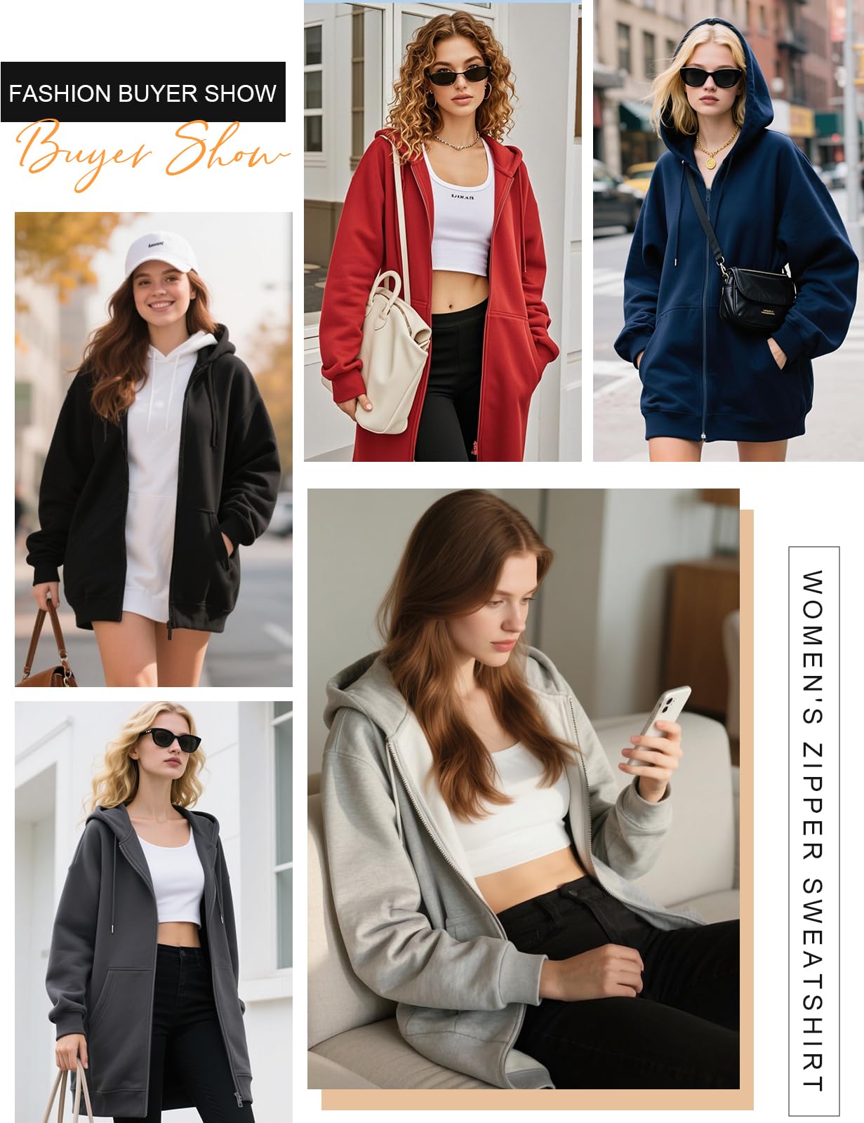 CMTOP Kapuzenpullover Damen Lang Dünne Fleece Hoodie Classics Freizeit Sweatshirt Basic Casual Sweatjacke Einfarbig Kapuzenjacke Streetwear Hoody mit Kapuze Reißverschluss Taschen