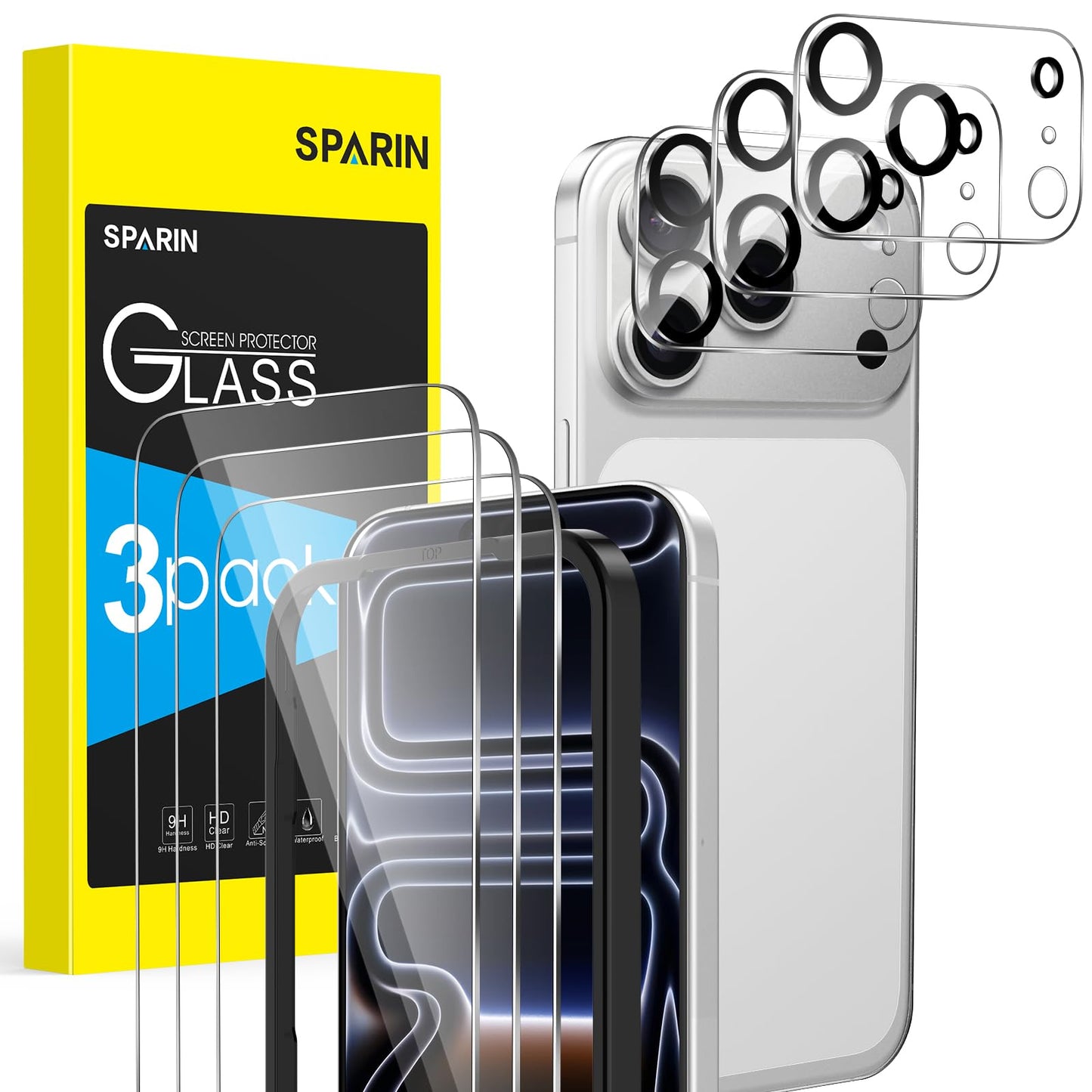 SPARIN für iPhone 17 Pro 6.3 Zoll 2025 Panzer Schutz Glas, 3 Stück Schutzfolie und 3 Stück Kameraschutz mit Montage Rahmen, 9H Härte, Anti-Bläschen,HD-Klar