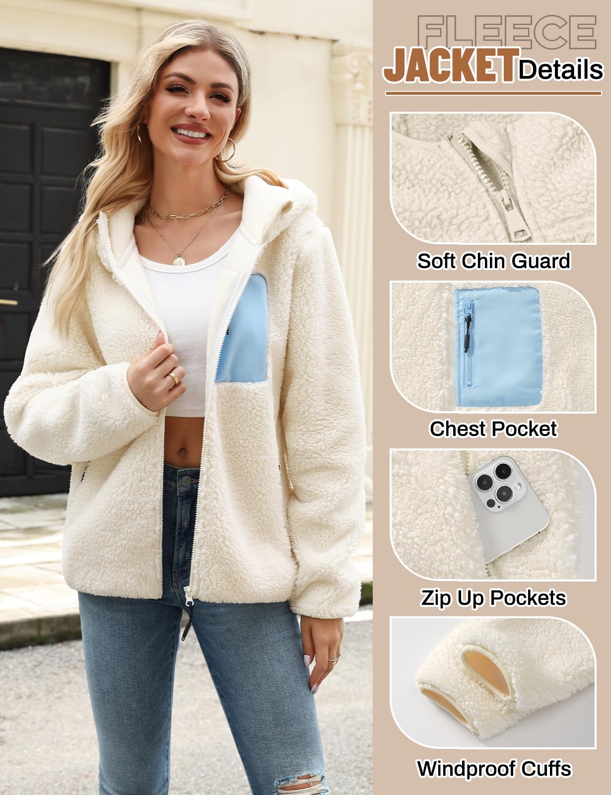 Tuopuda Teddyfell Jacke Damen Herbstjacke Fleecejacke Warme Fleecemantel Damen Kapuzenpullover Zipper Hoodie Plüschjacke mit Taschen