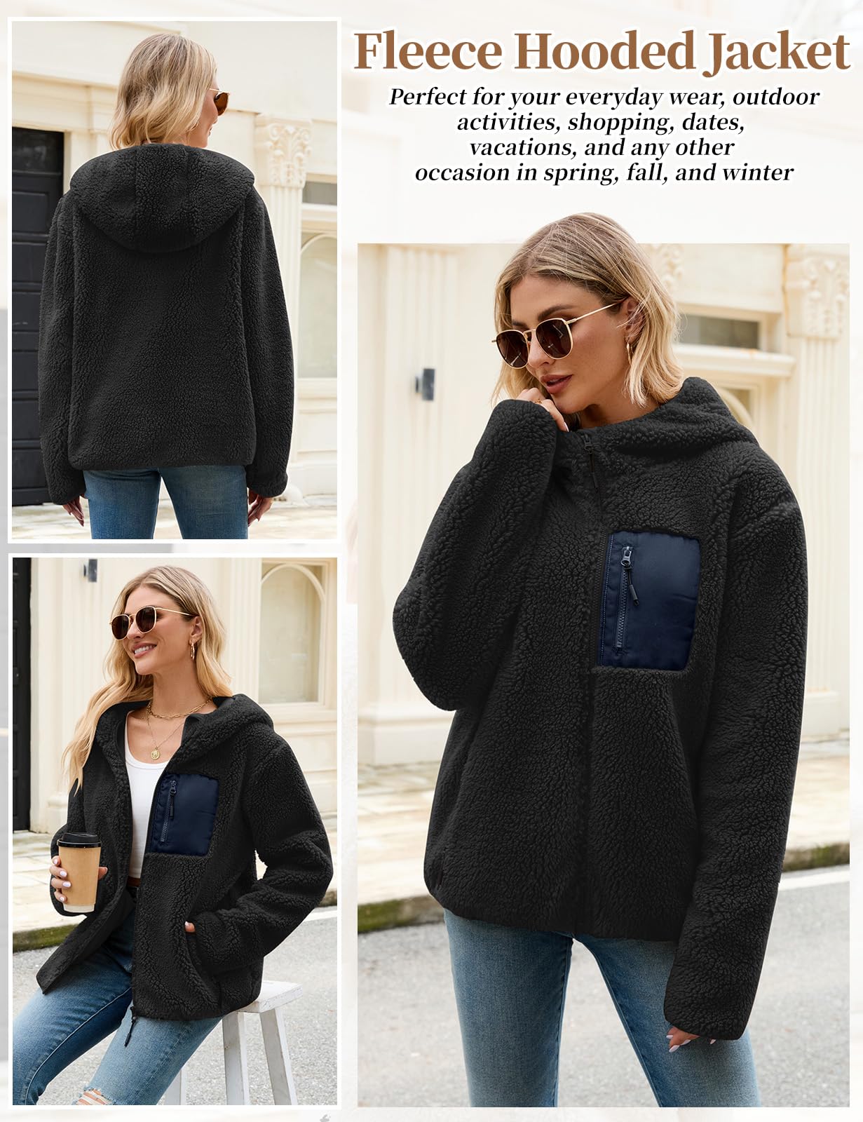 Tuopuda Teddyfell Jacke Damen Herbstjacke Fleecejacke Warme Fleecemantel Damen Kapuzenpullover Zipper Hoodie Plüschjacke mit Taschen