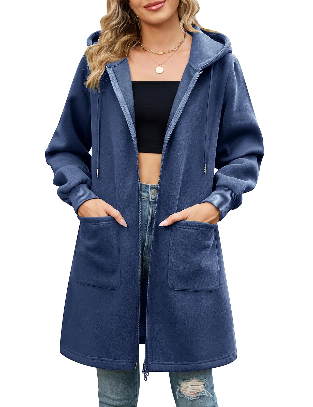 Vancavoo Fleecejacke Damen Sweatjacke mit Kapuze Lange Kapuzenpullover Reißverschluss Hoodie Jacke Frühling Herbst Lang Kapuzenjacke Elegant Übergangsjacke mit Taschen