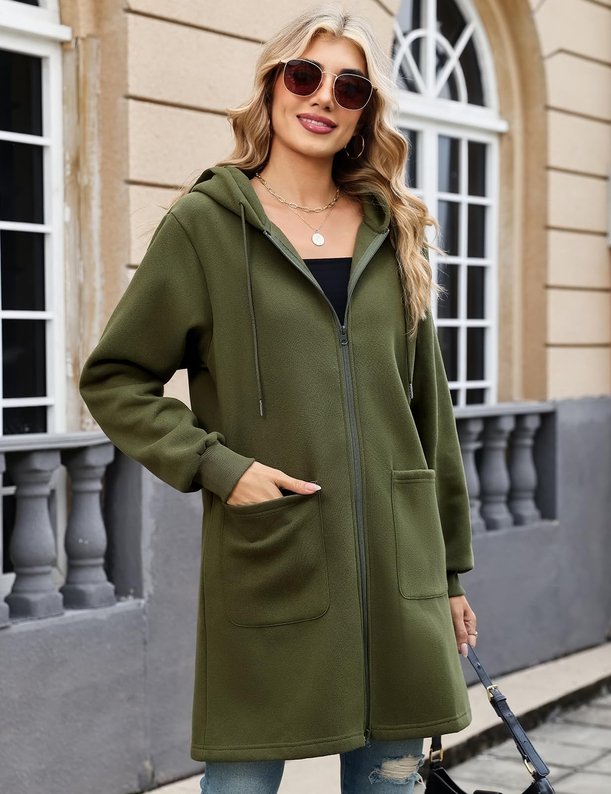 Vancavoo Fleecejacke Damen Sweatjacke mit Kapuze Lange Kapuzenpullover Reißverschluss Hoodie Jacke Frühling Herbst Lang Kapuzenjacke Elegant Übergangsjacke mit Taschen