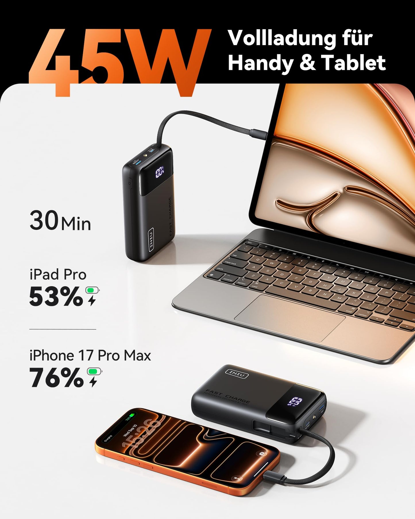 INIU 45W Power Bank, Ultra Klein 20000mAh Powerbank iPhone mit Integriertem USB-C Kabel, Schnellladen Externe Handyakkus Mini, Klein Aber Stark für iPhone 17 16 15 Pro, Samsung S22, Xiaomi, iPad etc
