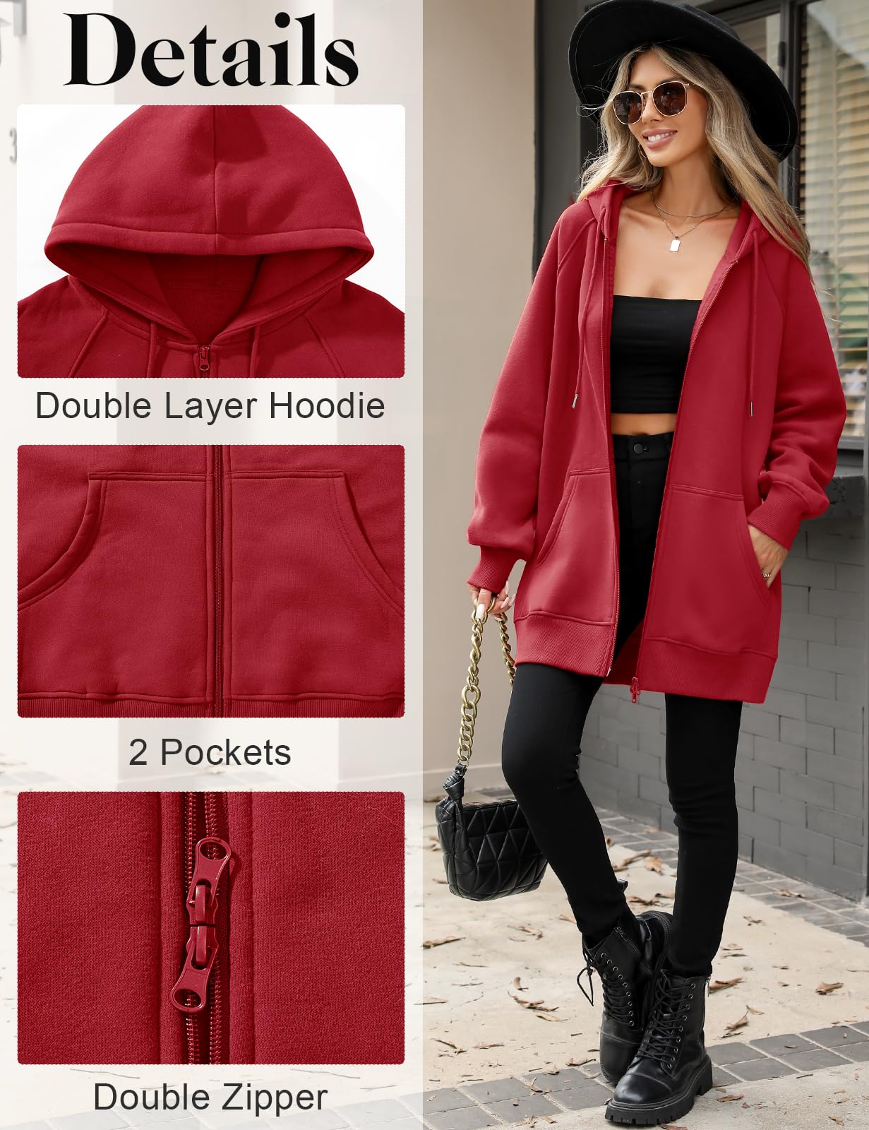 CMTOP Kapuzenpullover Damen Lang Dünne Fleece Hoodie Classics Freizeit Sweatshirt Basic Casual Sweatjacke Einfarbig Kapuzenjacke Streetwear Hoody mit Kapuze Reißverschluss Taschen