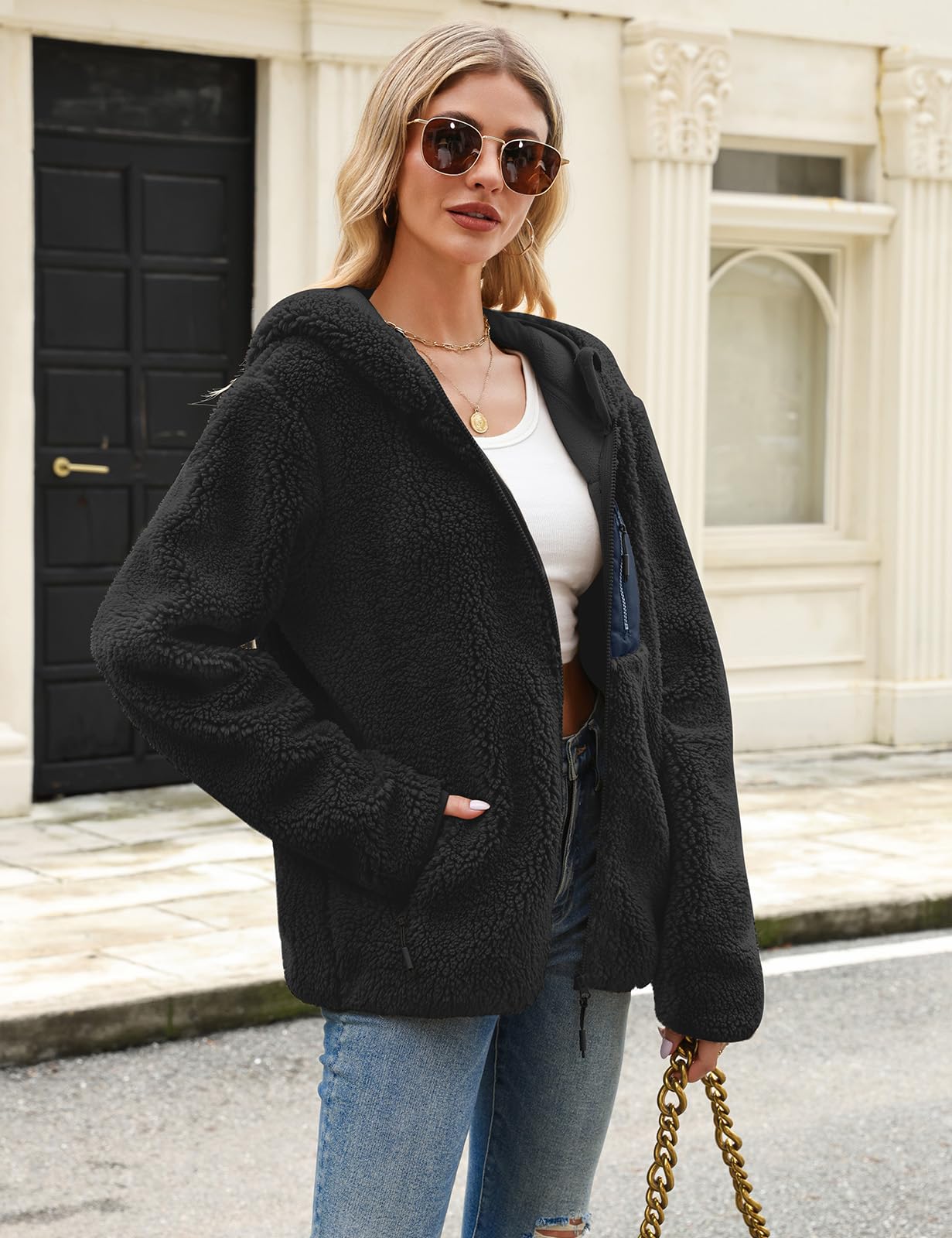 Fleece Jacket Women's Winter Teddy Jacket with Hood Teddy Fleece Hoodie Warm Autumn Jacket Winter Jacket Sherpa Women's Jackets Zip Hoodie Coat Outdoor Plush Jacket with Pockets