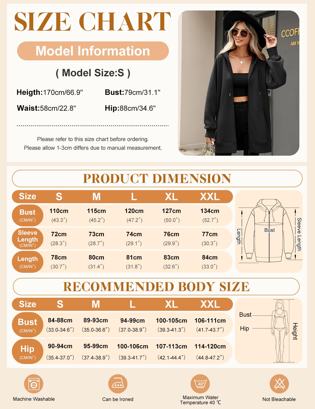 CMTOP Kapuzenpullover Damen Lang Dünne Fleece Hoodie Classics Freizeit Sweatshirt Basic Casual Sweatjacke Einfarbig Kapuzenjacke Streetwear Hoody mit Kapuze Reißverschluss Taschen