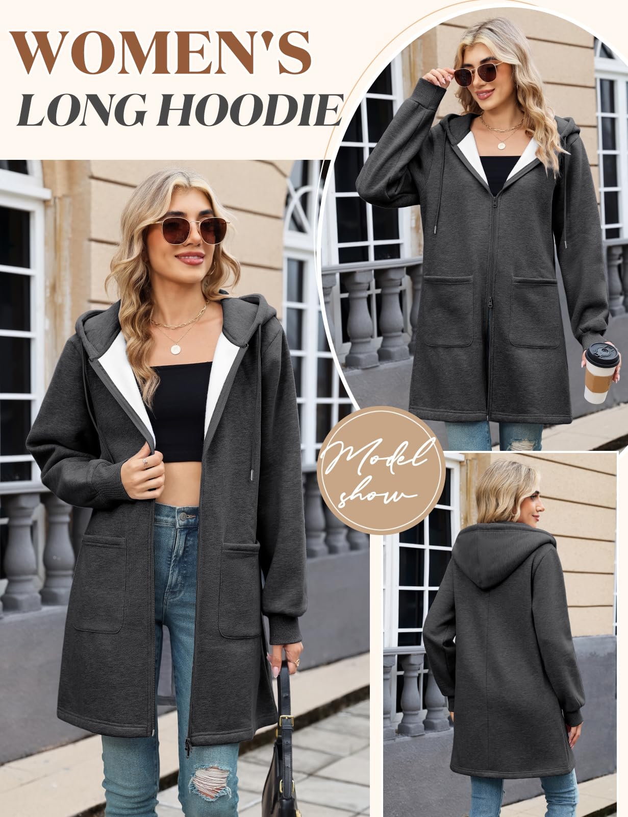 Vancavoo Fleecejacke Damen Sweatjacke mit Kapuze Lange Kapuzenpullover Reißverschluss Hoodie Jacke Frühling Herbst Lang Kapuzenjacke Elegant Übergangsjacke mit Taschen