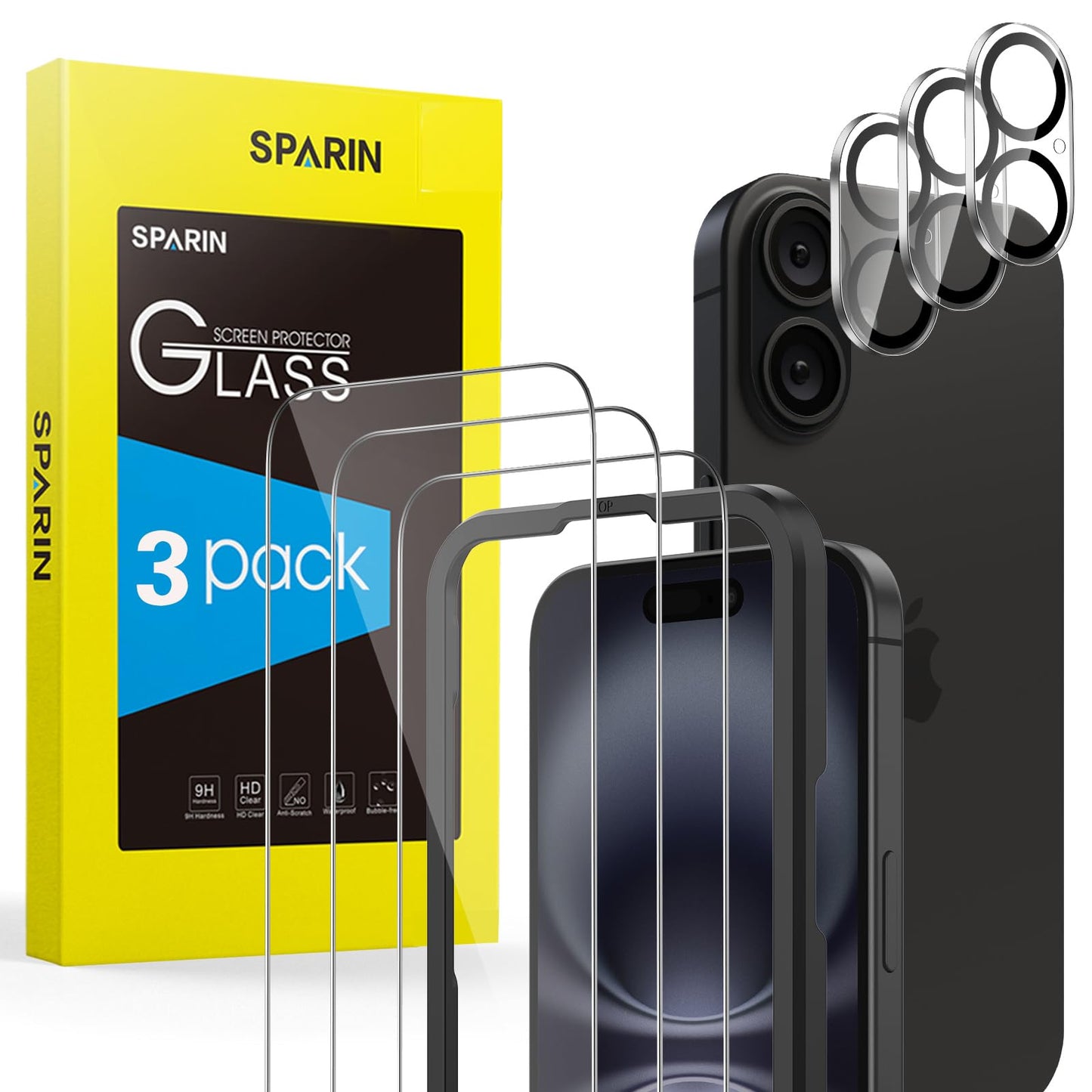 SPARIN für iPhone 17 Pro 6.3 Zoll 2025 Panzer Schutz Glas, 3 Stück Schutzfolie und 3 Stück Kameraschutz mit Montage Rahmen, 9H Härte, Anti-Bläschen,HD-Klar