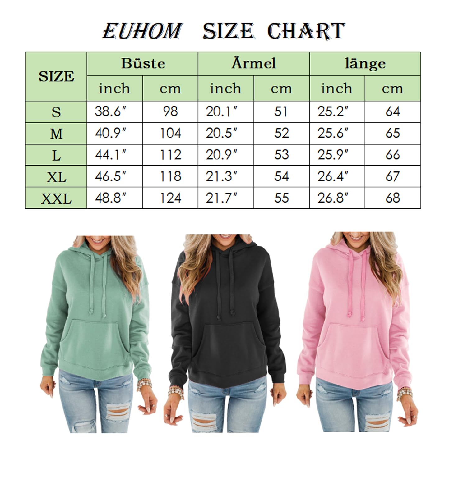 Hoodie Damen Kapuzenpullover Baumwolle Pullover Herbst Langarm Sweatshirt Casual Hoody mit Kapuze Leichter Pulli Oberteile
