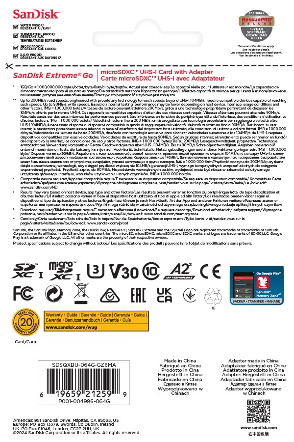 SanDisk Extreme microSDXC UHS-I Speicherkarte 128 GB + Adapter (Für Smartphones, Actionkameras und Drohnen, A2, C10, V30, U3, 190 MB/s Übertragung, RescuePRO Deluxe)