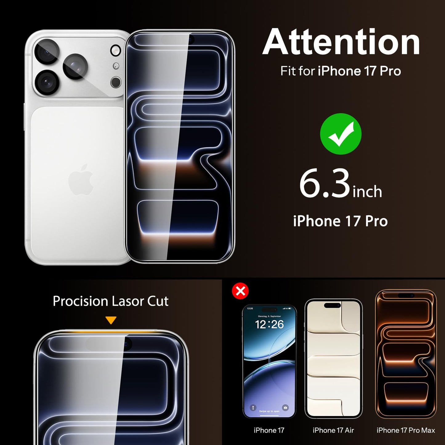 SPARIN für iPhone 17 Pro 6.3 Zoll 2025 Panzer Schutz Glas, 3 Stück Schutzfolie und 3 Stück Kameraschutz mit Montage Rahmen, 9H Härte, Anti-Bläschen,HD-Klar