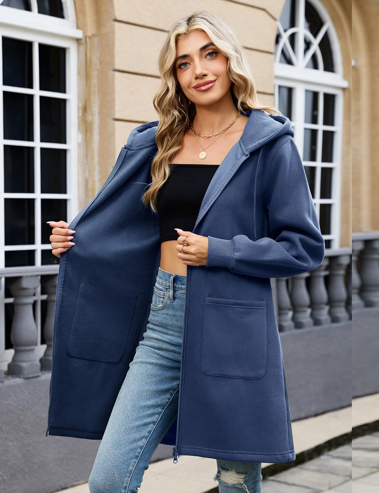 Vancavoo Fleecejacke Damen Sweatjacke mit Kapuze Lange Kapuzenpullover Reißverschluss Hoodie Jacke Frühling Herbst Lang Kapuzenjacke Elegant Übergangsjacke mit Taschen