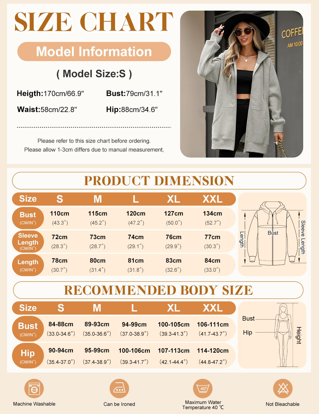 CMTOP Kapuzenpullover Damen Lang Dünne Fleece Hoodie Classics Freizeit Sweatshirt Basic Casual Sweatjacke Einfarbig Kapuzenjacke Streetwear Hoody mit Kapuze Reißverschluss Taschen