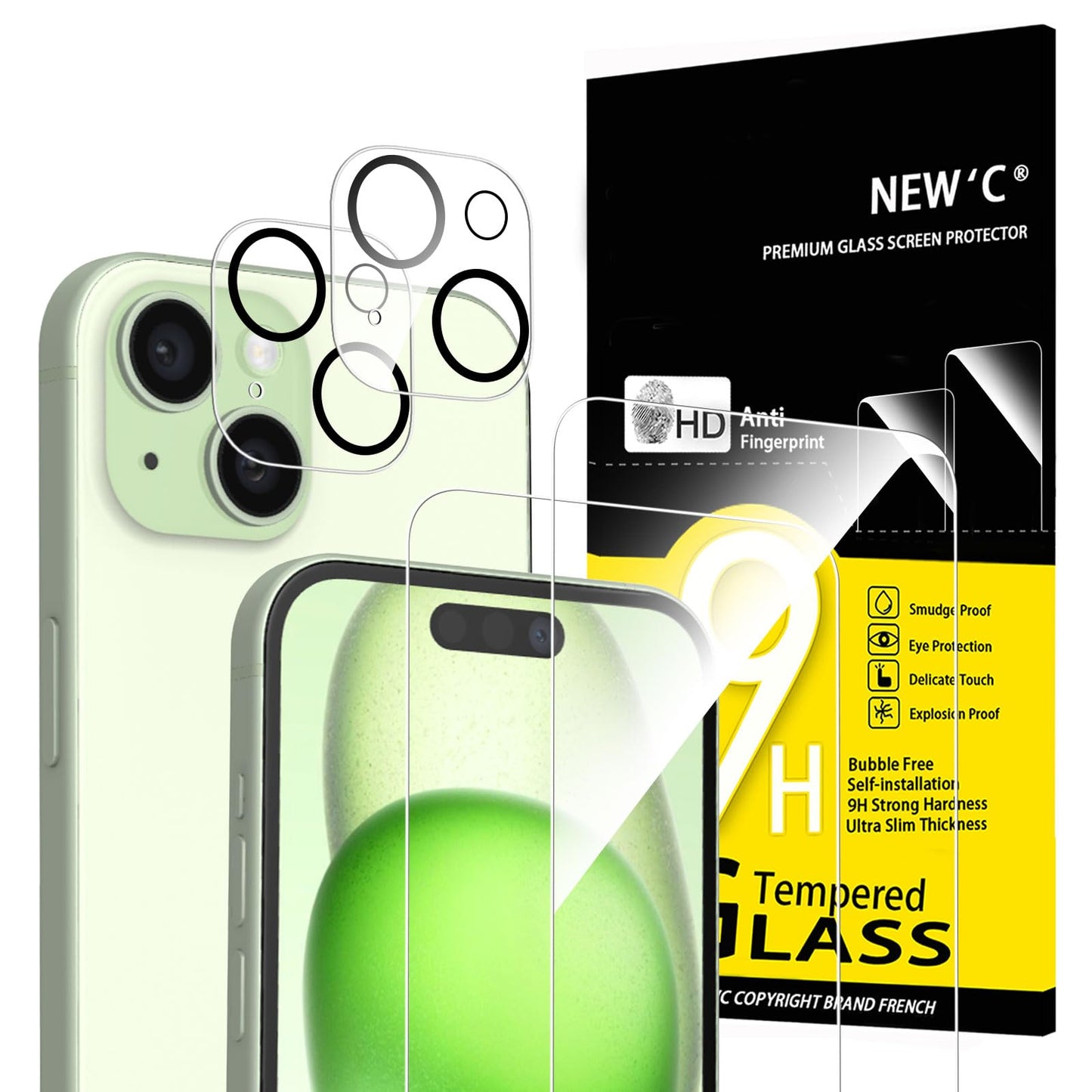 NEW'C für iPhone 16 für Panzerglas 6,1 Zoll (2 Stück) und 2 x Kamera Panzer Schutz für Kameraschutz (2 Stück) -Kratzfest -extrem widerstandsfähig -9H-Härteglas