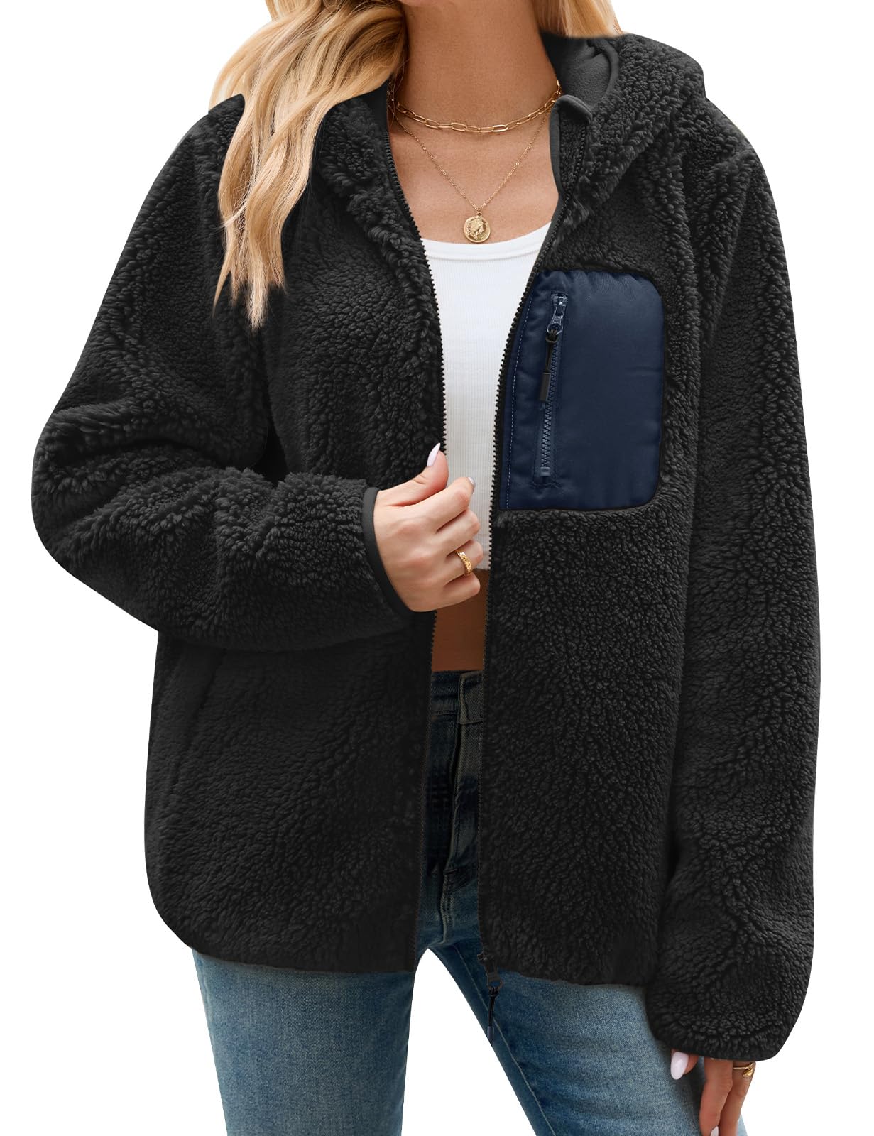 Tuopuda Teddyfell Jacke Damen Herbstjacke Fleecejacke Warme Fleecemantel Damen Kapuzenpullover Zipper Hoodie Plüschjacke mit Taschen