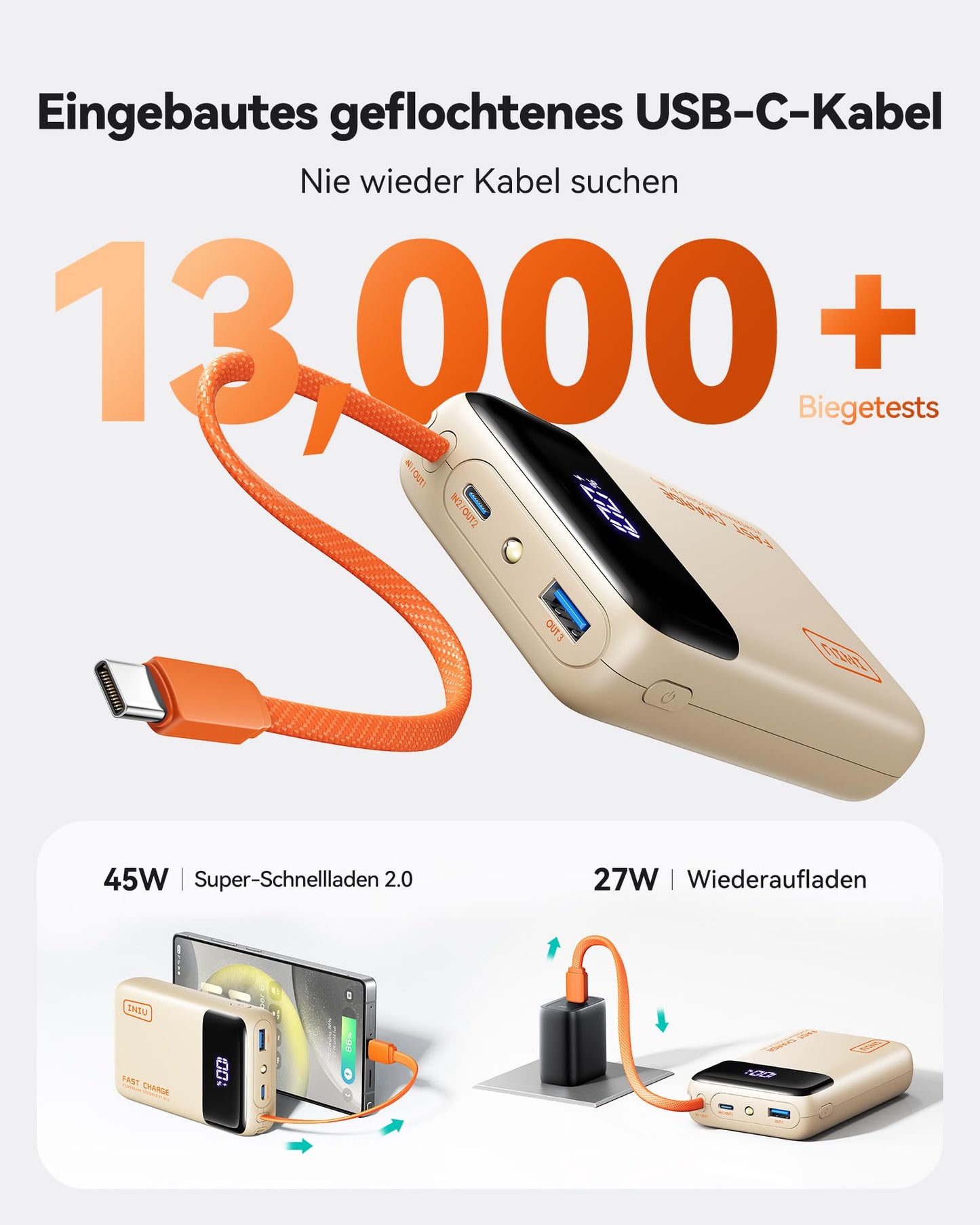 INIU 45W Power Bank, Ultra Klein 20000mAh Powerbank iPhone mit Integriertem USB-C Kabel, Schnellladen Externe Handyakkus Mini, Klein Aber Stark für iPhone 17 16 15 Pro, Samsung S22, Xiaomi, iPad etc