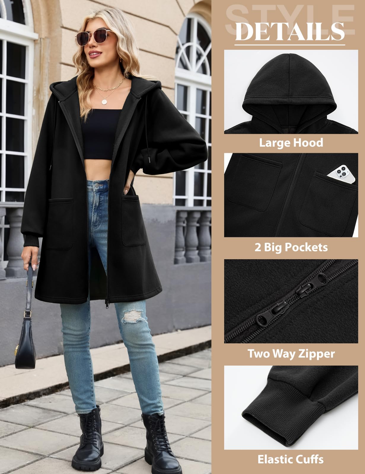 Vancavoo Fleecejacke Damen Sweatjacke mit Kapuze Lange Kapuzenpullover Reißverschluss Hoodie Jacke Frühling Herbst Lang Kapuzenjacke Elegant Übergangsjacke mit Taschen