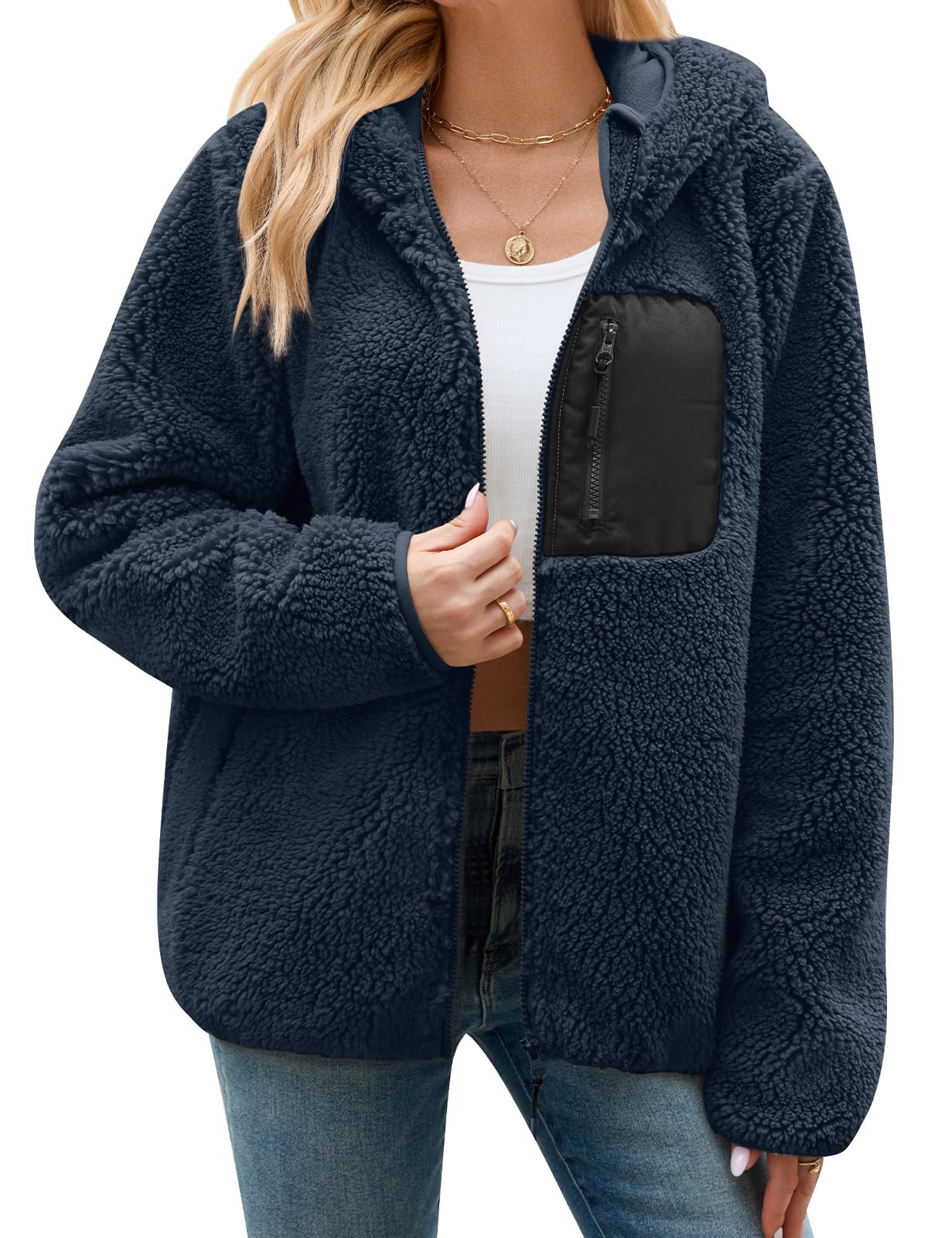 Tuopuda Teddyfell Jacke Damen Herbstjacke Fleecejacke Warme Fleecemantel Damen Kapuzenpullover Zipper Hoodie Plüschjacke mit Taschen