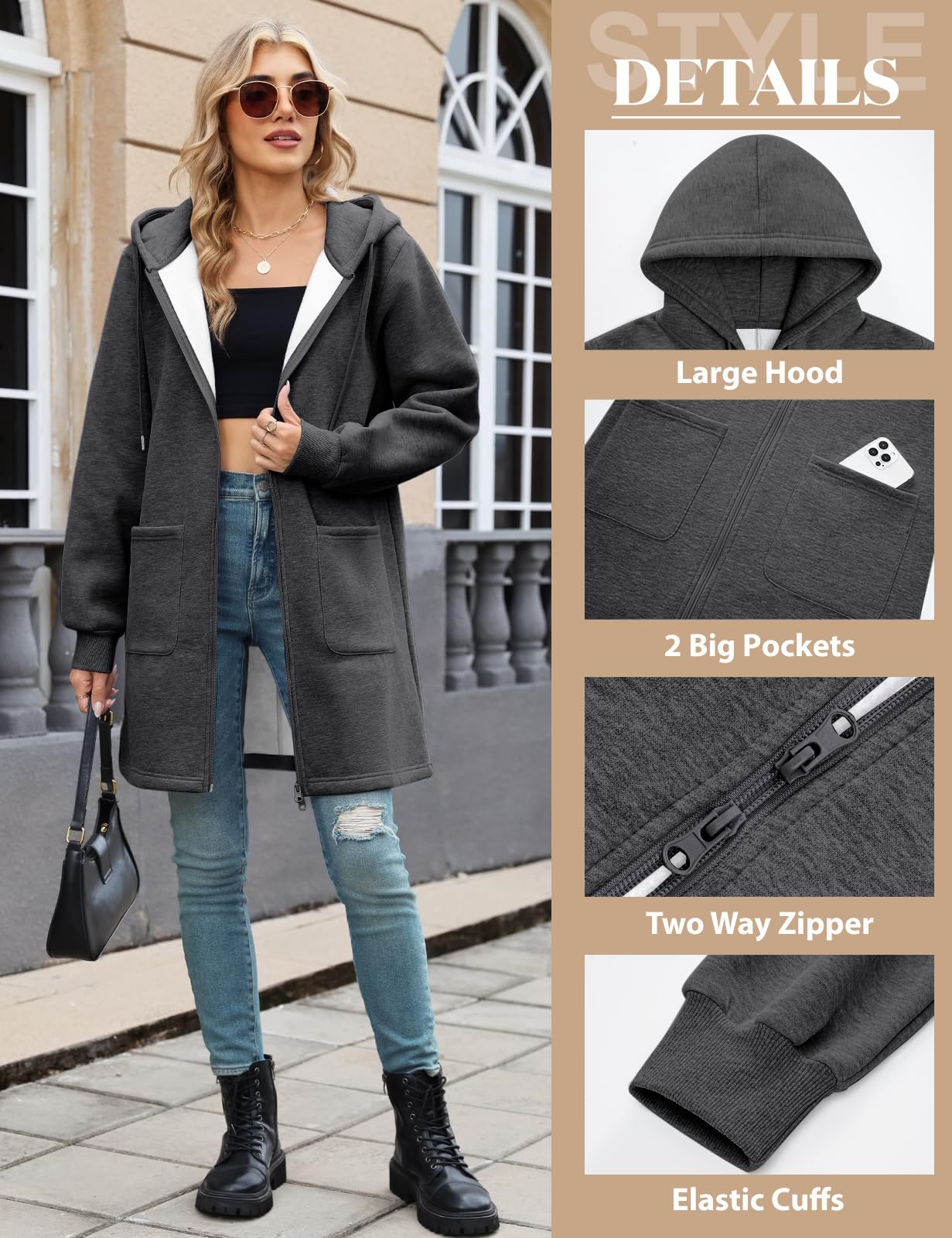 Vancavoo Fleecejacke Damen Sweatjacke mit Kapuze Lange Kapuzenpullover Reißverschluss Hoodie Jacke Frühling Herbst Lang Kapuzenjacke Elegant Übergangsjacke mit Taschen