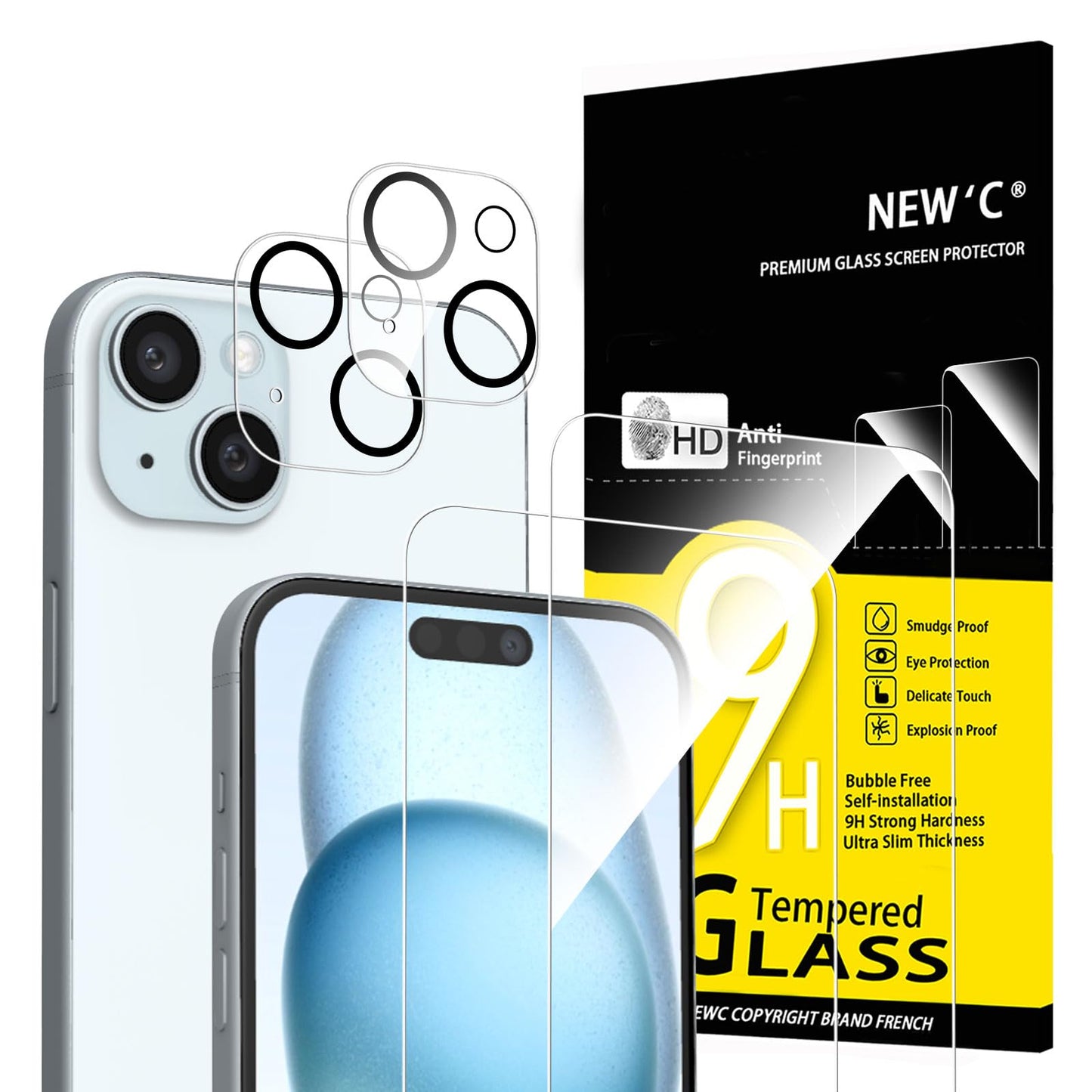 NEW'C für iPhone 16 für Panzerglas 6,1 Zoll (2 Stück) und 2 x Kamera Panzer Schutz für Kameraschutz (2 Stück) -Kratzfest -extrem widerstandsfähig -9H-Härteglas