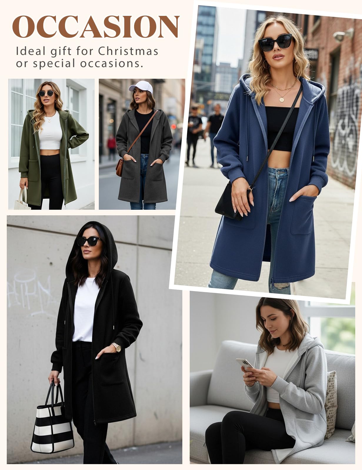 Vancavoo Fleecejacke Damen Sweatjacke mit Kapuze Lange Kapuzenpullover Reißverschluss Hoodie Jacke Frühling Herbst Lang Kapuzenjacke Elegant Übergangsjacke mit Taschen