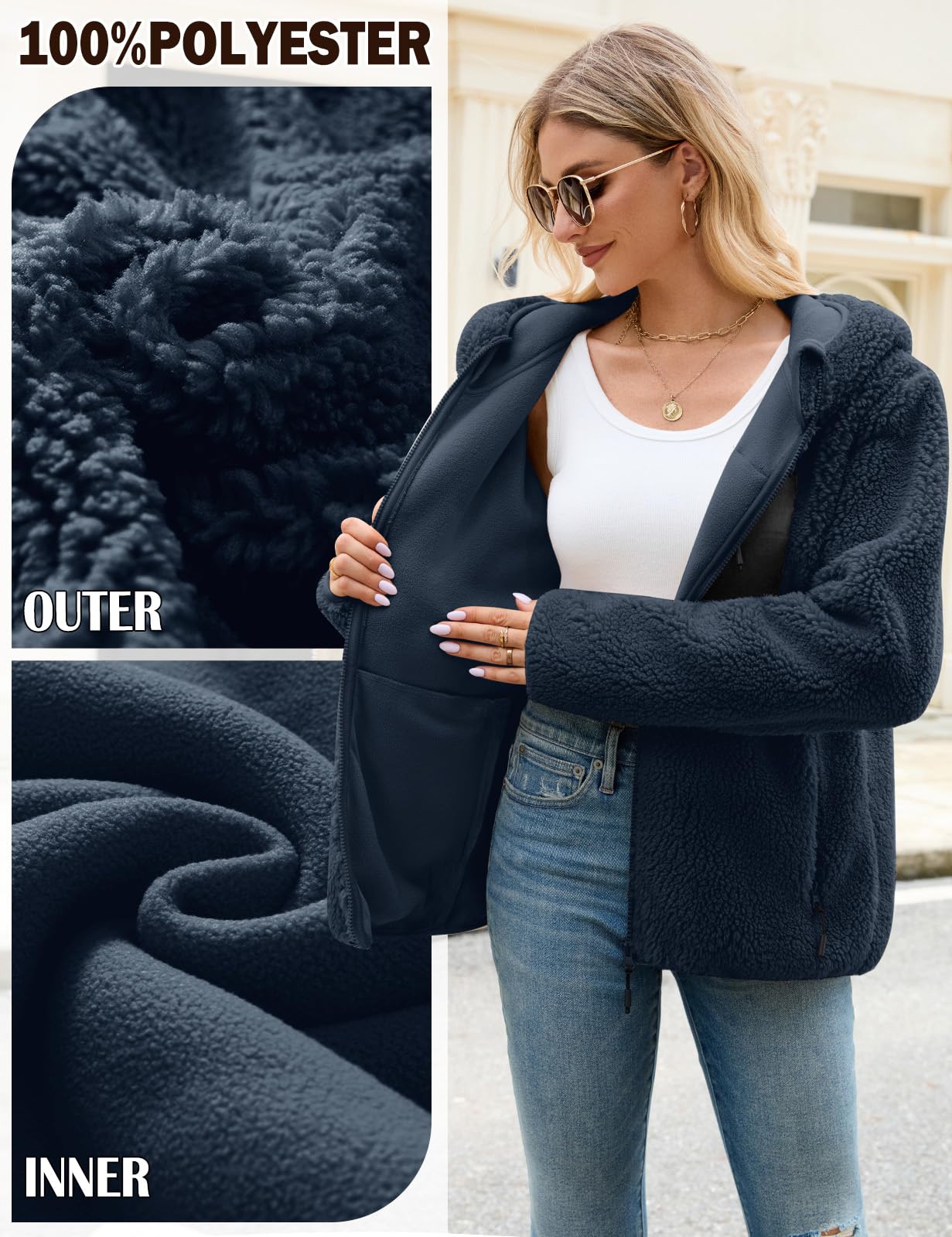 Tuopuda Teddyfell Jacke Damen Herbstjacke Fleecejacke Warme Fleecemantel Damen Kapuzenpullover Zipper Hoodie Plüschjacke mit Taschen
