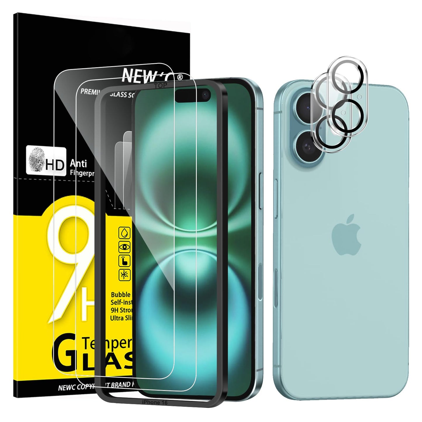 NEW'C für iPhone 16 für Panzerglas 6,1 Zoll (2 Stück) und 2 x Kamera Panzer Schutz für Kameraschutz (2 Stück) -Kratzfest -extrem widerstandsfähig -9H-Härteglas
