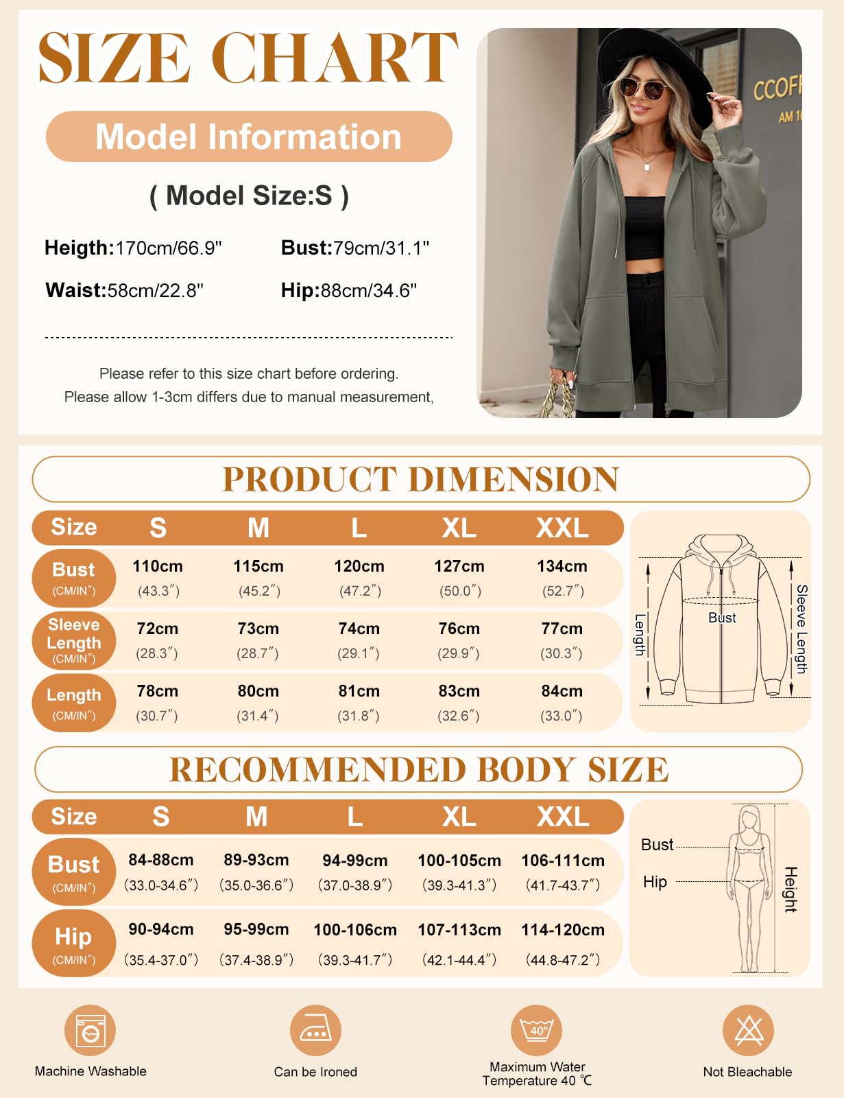 CMTOP Kapuzenpullover Damen Lang Dünne Fleece Hoodie Classics Freizeit Sweatshirt Basic Casual Sweatjacke Einfarbig Kapuzenjacke Streetwear Hoody mit Kapuze Reißverschluss Taschen