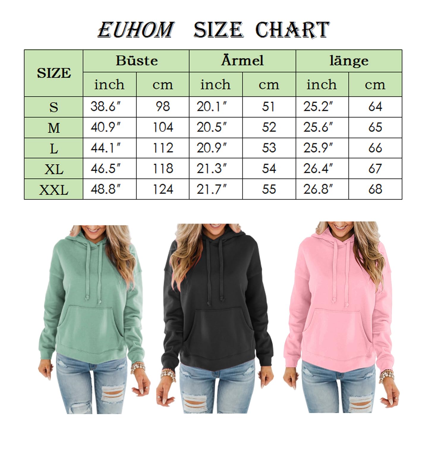 Hoodie Damen Kapuzenpullover Baumwolle Pullover Herbst Langarm Sweatshirt Casual Hoody mit Kapuze Leichter Pulli Oberteile