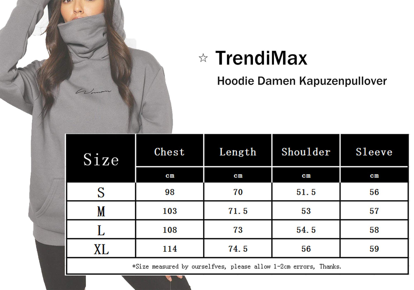 Damen Hoodie Kapuzenpullover Langarm Sweatshirt Winter Pullover Hochkragen Sweatjacke Kapuzen Pullis
