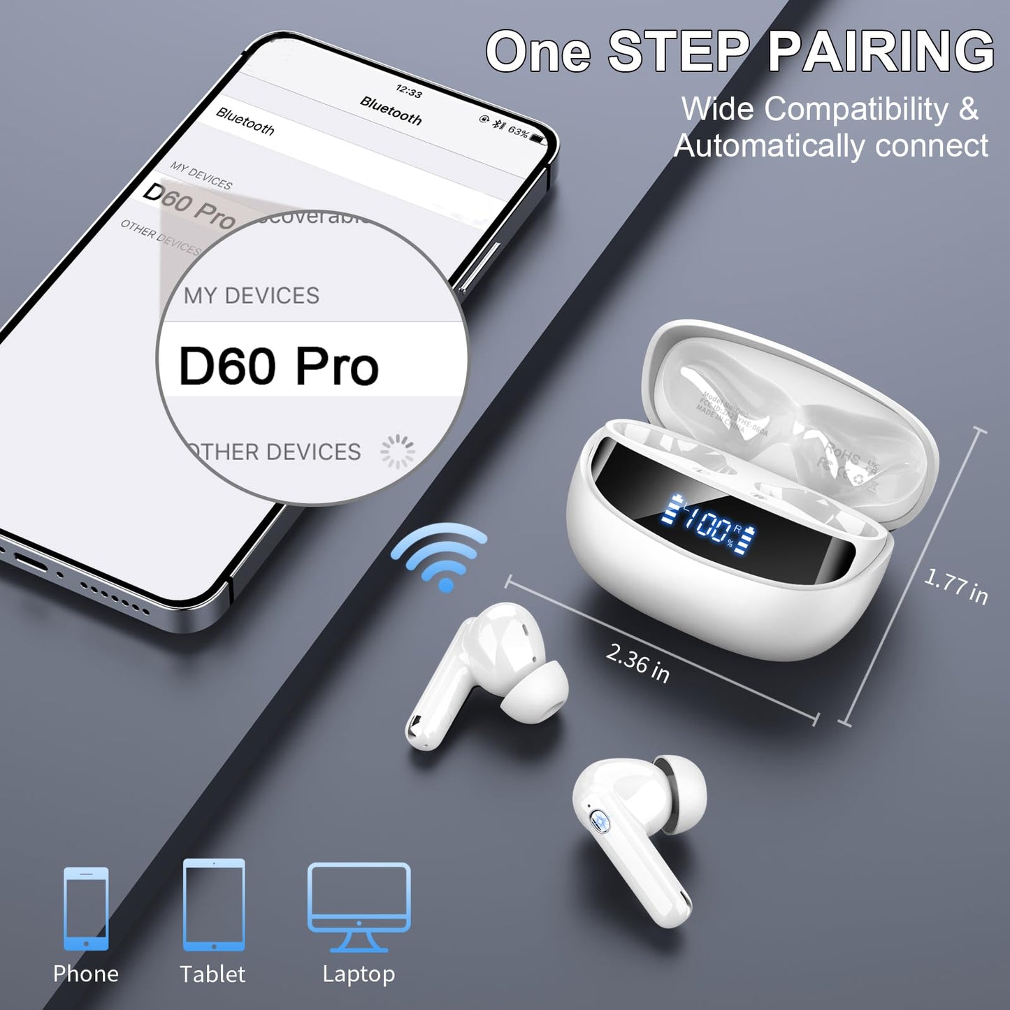 Bluetooth Kopfhörer, 2026 Kopfhörer Kabellos Bluetooth 5.4, 50 Std Spielzeit In Ear Kopfhörer HiFi Stereo mit 4 ENC Noise Cancelling Mics, IP7 Wasserdicht Kabellose Kopfhörer, Ohrhörer mit LED-Anzeige