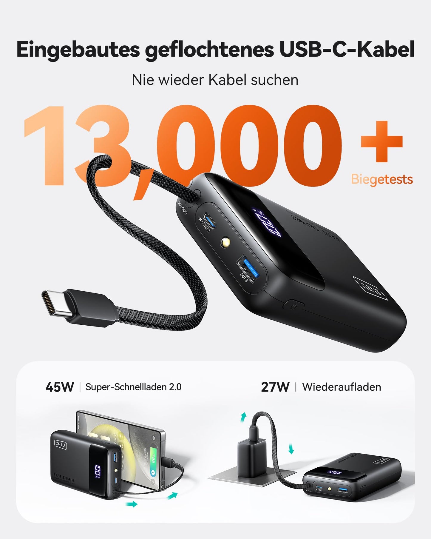 INIU 45W Power Bank, Ultra Klein 20000mAh Powerbank iPhone mit Integriertem USB-C Kabel, Schnellladen Externe Handyakkus Mini, Klein Aber Stark für iPhone 17 16 15 Pro, Samsung S22, Xiaomi, iPad etc