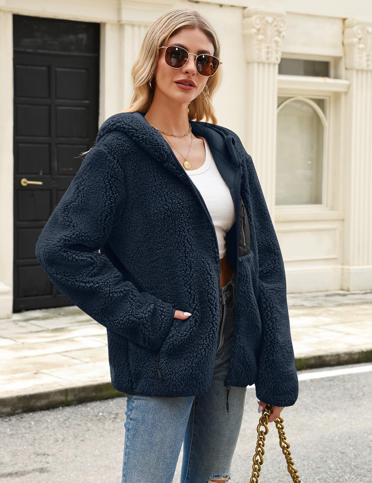 Fleece Jacket Women's Winter Teddy Jacket with Hood Teddy Fleece Hoodie Warm Autumn Jacket Winter Jacket Sherpa Women's Jackets Zip Hoodie Coat Outdoor Plush Jacket with Pockets