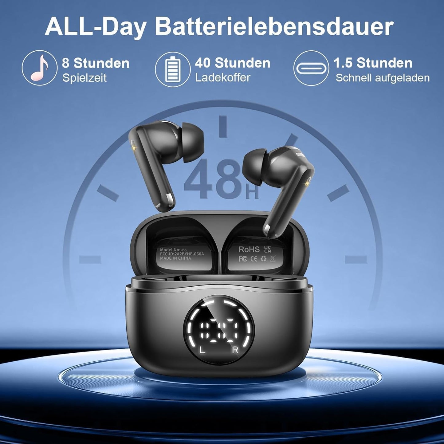 Bluetooth Kopfhörer, 2026 Kopfhörer Kabellos Bluetooth 5.4, 50 Std Spielzeit In Ear Kopfhörer HiFi Stereo mit 4 ENC Noise Cancelling Mics, IP7 Wasserdicht Kabellose Kopfhörer, Ohrhörer mit LED-Anzeige