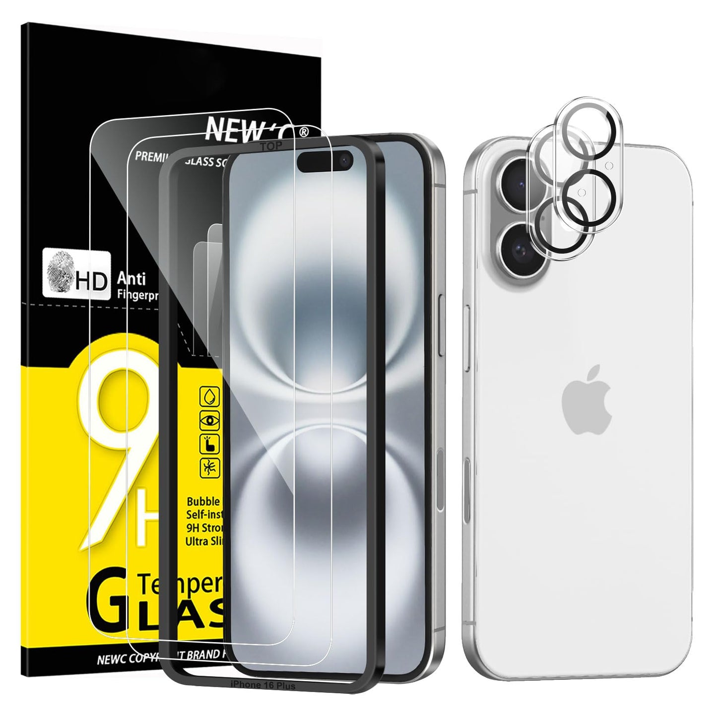 NEW'C für iPhone 16 für Panzerglas 6,1 Zoll (2 Stück) und 2 x Kamera Panzer Schutz für Kameraschutz (2 Stück) -Kratzfest -extrem widerstandsfähig -9H-Härteglas