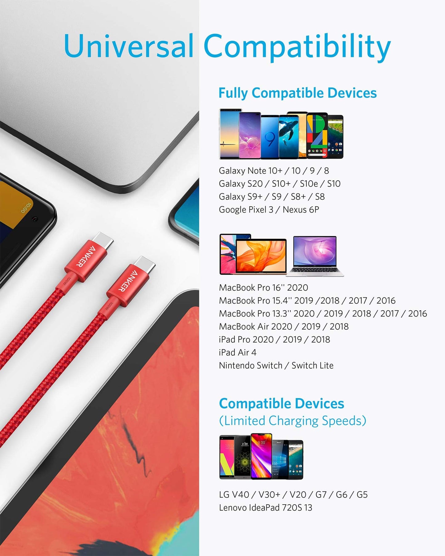 Anker Nylon USB-C to USB-C Charging Cable 2.0, 100W Type-C Charging Cable, 3m Long, Fast Charging for iPad Mini 6. Gen, MacBook Pro 2020, iPad Pro 2020, iPad Air 4, Galaxy S20 Plus S9, Pixel, Switch