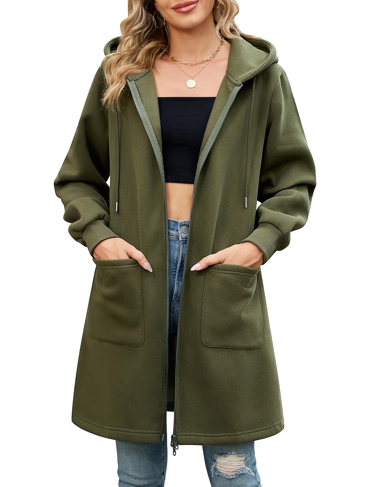 Vancavoo Fleecejacke Damen Sweatjacke mit Kapuze Lange Kapuzenpullover Reißverschluss Hoodie Jacke Frühling Herbst Lang Kapuzenjacke Elegant Übergangsjacke mit Taschen