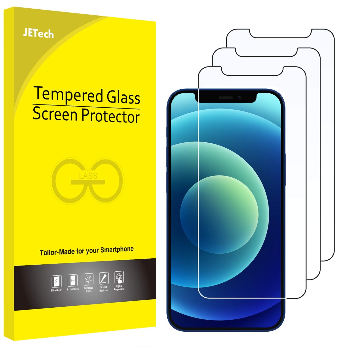 JETech Screen Protector for iPhone 12/12 Pro 6.1 Inch, Tempered Glass Screen Protector, Pack of 3