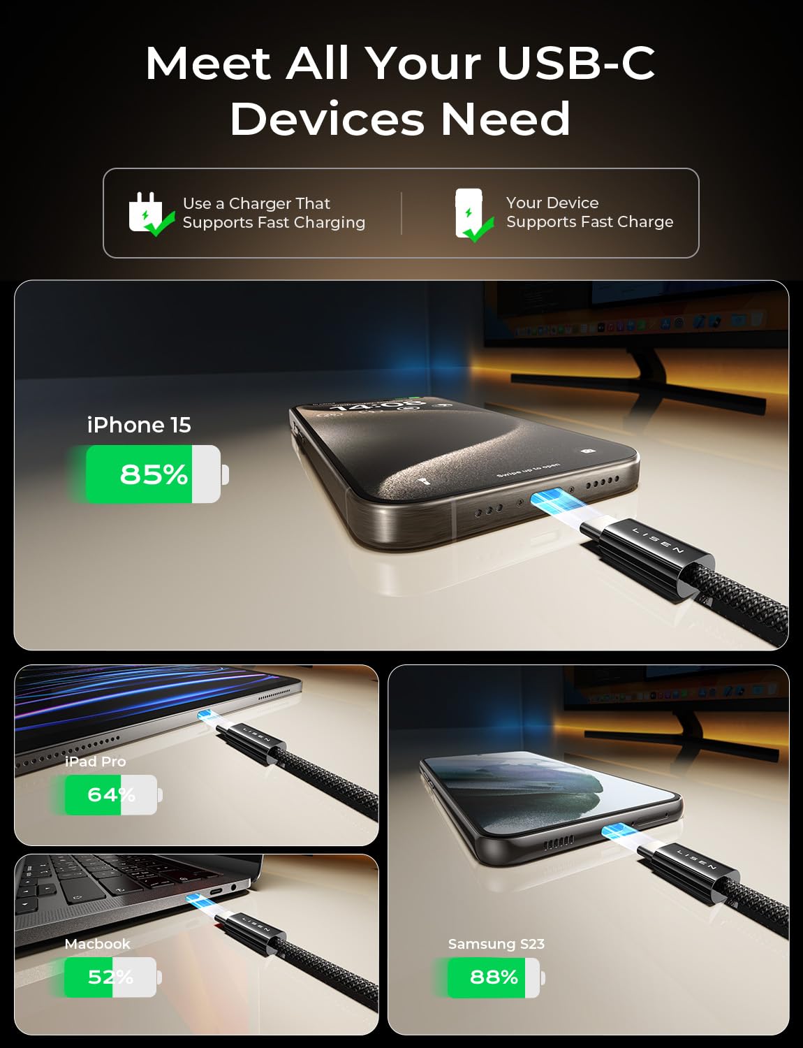 LISEN 60W USB C Kabel, [4er Pack, 0,5M 1M 1M 2M] USB C auf USB C Kabel Set, PD 3.0 Schnellladekabel USB C für iPhone 17 Pro Max Zubehör,iPhone 16 15,Switch,Samsung Galaxy S25,Pixel,MacBook,iPad,Xiaomi