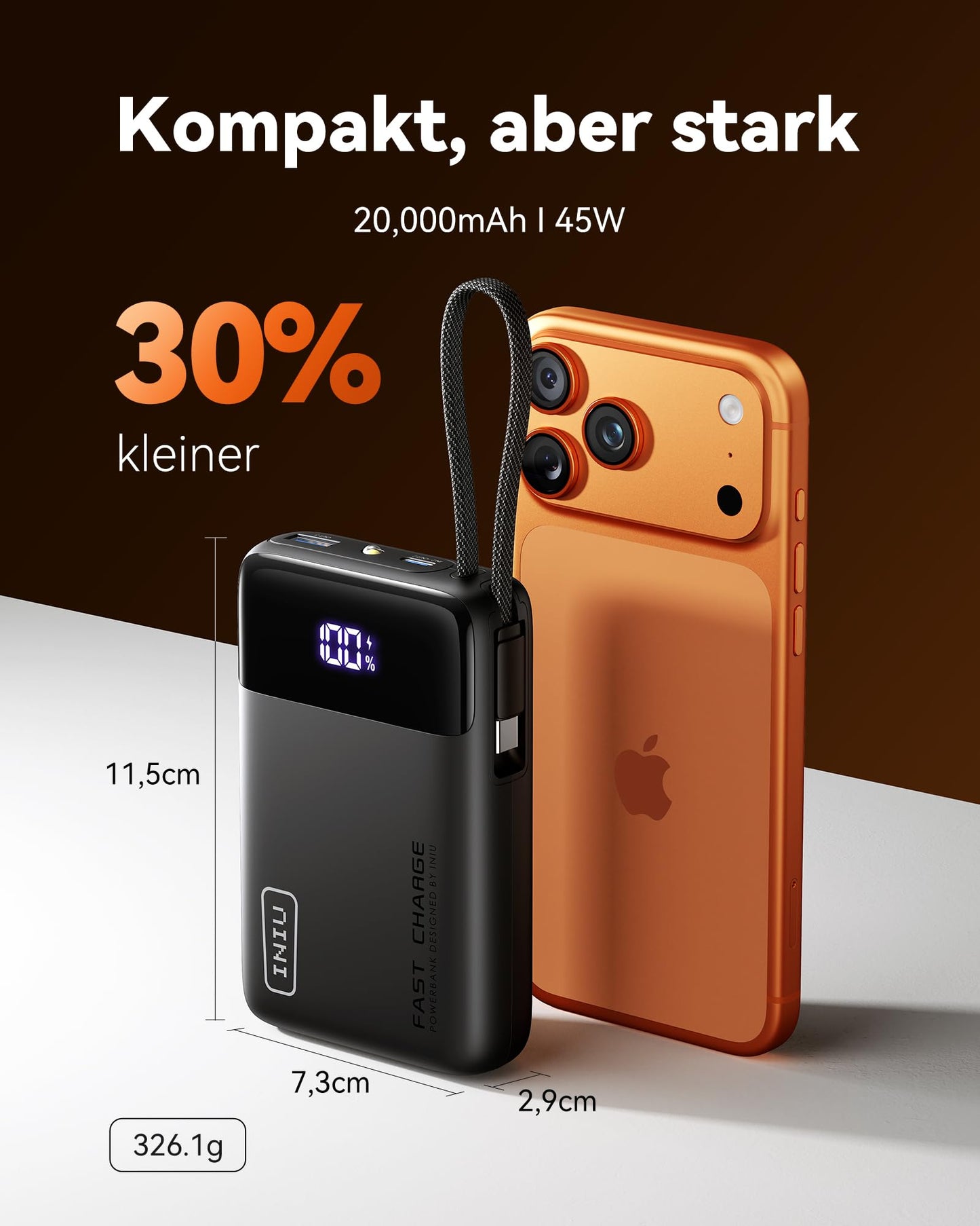 INIU 45W Power Bank, Ultra Klein 20000mAh Powerbank iPhone mit Integriertem USB-C Kabel, Schnellladen Externe Handyakkus Mini, Klein Aber Stark für iPhone 17 16 15 Pro, Samsung S22, Xiaomi, iPad etc