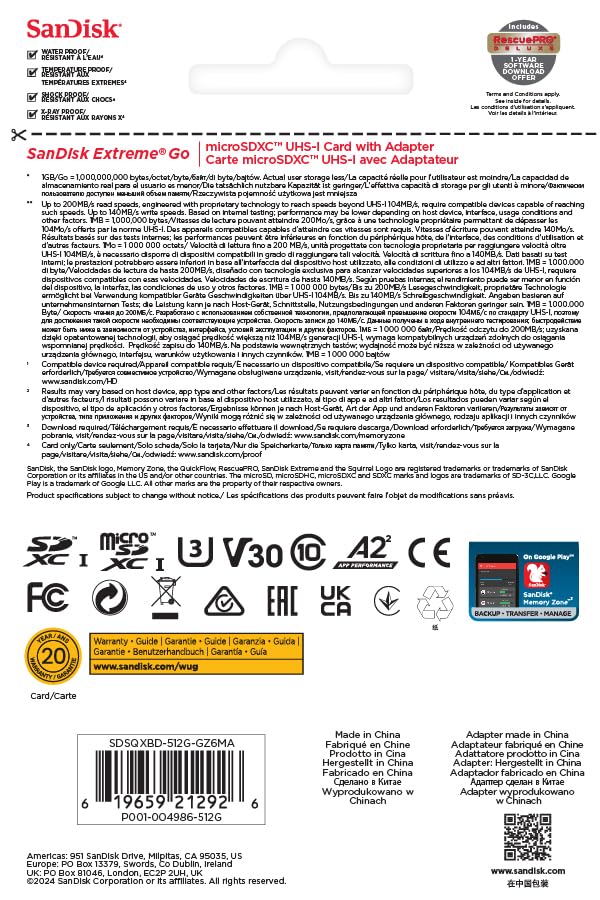 SanDisk Extreme microSDXC UHS-I Speicherkarte 128 GB + Adapter (Für Smartphones, Actionkameras und Drohnen, A2, C10, V30, U3, 190 MB/s Übertragung, RescuePRO Deluxe)