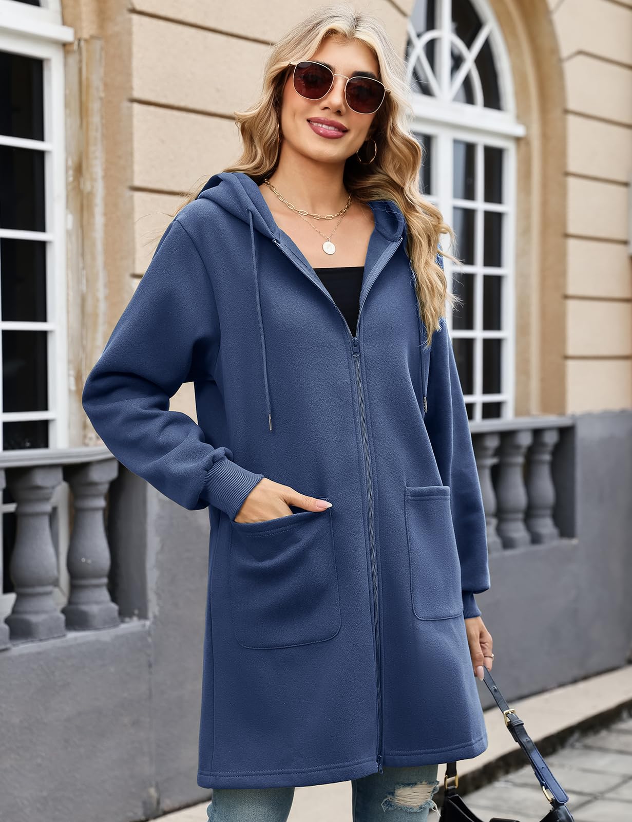 Vancavoo Fleecejacke Damen Sweatjacke mit Kapuze Lange Kapuzenpullover Reißverschluss Hoodie Jacke Frühling Herbst Lang Kapuzenjacke Elegant Übergangsjacke mit Taschen