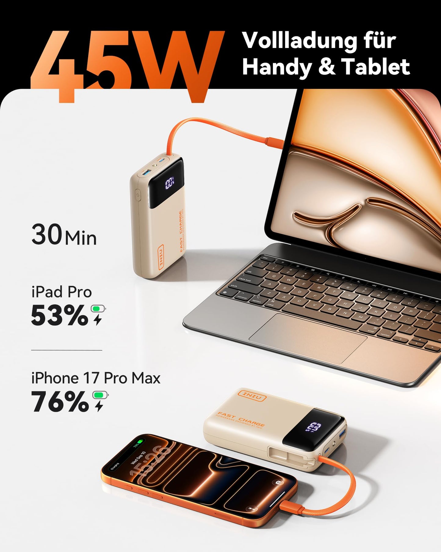 INIU 45W Power Bank, Ultra Klein 20000mAh Powerbank iPhone mit Integriertem USB-C Kabel, Schnellladen Externe Handyakkus Mini, Klein Aber Stark für iPhone 17 16 15 Pro, Samsung S22, Xiaomi, iPad etc